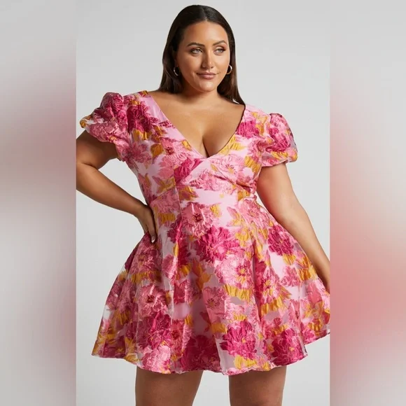 Showpo. | Dresses | Nwt Showpo Brailey Jacquard Puff Sleeve Mini Dress In  Pinkorange Size 4 | Poshmark